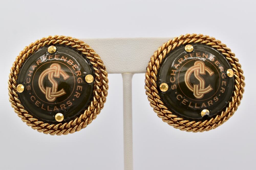 Vintage Cheryl Berez Domaine Chandon Gold Logo Clip Earrings Winery Cellar BinAI